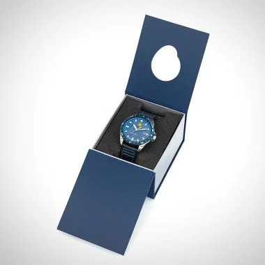 Boîte bijou montre homme officiel Patrouille de France Athos 5 Premier Solo automatique cuir noir surpiqué cadran acier bleu