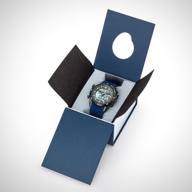 Boîte coffret bleue montre homme Patrouille de France Athos 1 Leader silicone bleu acier noir cadran anadigital chrono