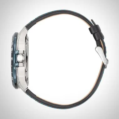 Profil montre homme officiel Patrouille de France Athos 5 Premier Solo automatique cuir noir surpiqué bleu cadran blanc