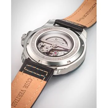 Dos montre homme officiel Patrouille de France Athos 5 Premier Solo automatique cuir noir surpiqué bleu cadran blanc