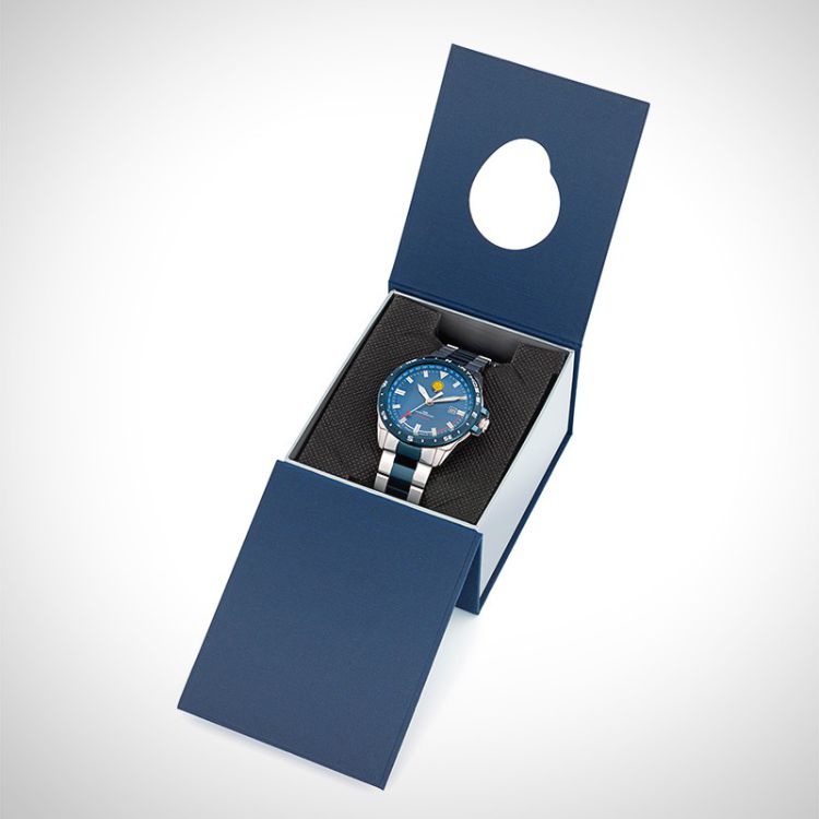 Boîte coffret montre homme officiel Patrouille de France Athos 5 Premier Solo automatique bracelet acier bicolore cadran bleu
