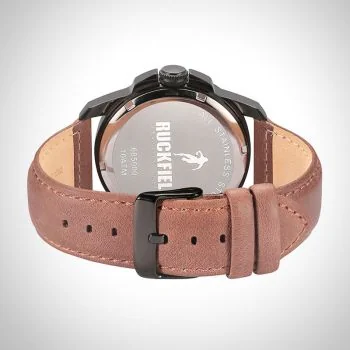 Arrière Montre Homme Ruckfield Sport Boîtier Acier Bracelet Cuir Marron Cadran Noir Boucle Ardillon