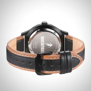 Arrière Montre Homme Ruckfield Sport Boîtier Acier Bracelet Cuir Noir et marron Cadran Noir Boucle Ardillon