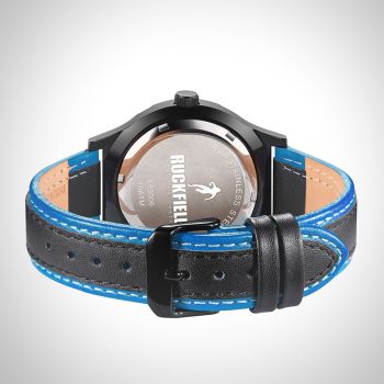 Arrière Montre Homme Ruckfield Sport Boîtier Acier Bracelet Cuir Noir et bleu Cadran Noir Boucle Ardillon