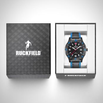 Boîte coffret Montre Homme Ruckfield Sport Boîtier Acier Bracelet Cuir Noir et bleu Cadran Noir