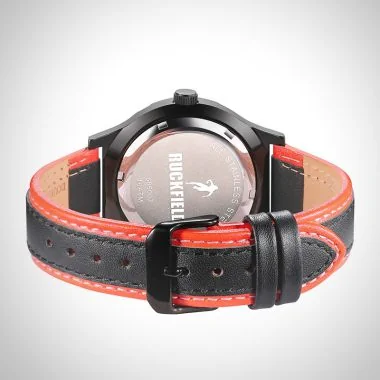 Face Portée Montre Homme Ruckfield Sport Boîtier Acier Bracelet Cuir Noir et orange Cadran Noir