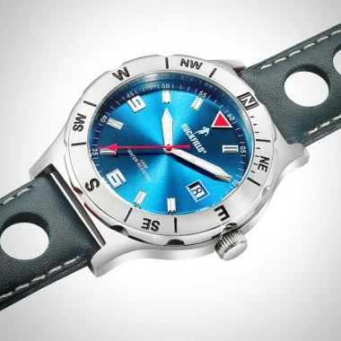 Profil Couronne Montre Homme Ruckfield Sport Boîtier Acier Bracelet Cuir Bleu marine Cadran Bleu marine