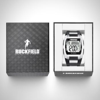 Boîte coffret Montre Homme Ruckfield Sport Boîtier Acier Bracelet Silicone Noir et acier Cadran LCD