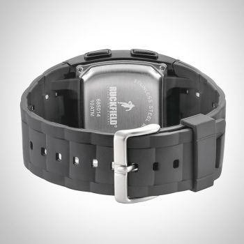 Arrière Montre Homme Ruckfield Sport Boîtier Acier Bracelet Silicone Noir Cadran LCD Boucle Ardillon