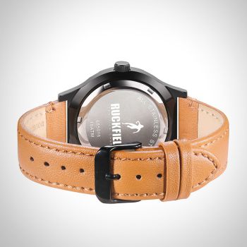 Arrière Montre Homme Ruckfield Sport Boîtier Acier Bracelet Cuir Marron clair Cadran Noir Boucle Ardillon