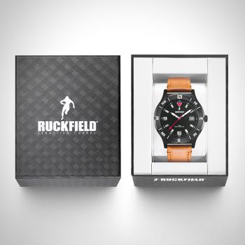 Boîte coffret Montre Homme Ruckfield Sport Boîtier Acier Bracelet Cuir Marron clair Cadran Noir