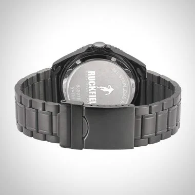 Arrière Montre Homme Ruckfield Sport Boîtier Acier Bracelet Acier Noir Cadran Noir Boucle Ardillon