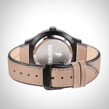 Arrière Montre Homme Ruckfield Sport Boîtier Acier Bracelet Cuir Marron Cadran Noir Boucle Ardillon