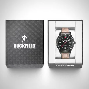 Boîte coffret Montre Homme Ruckfield Sport Boîtier Acier Bracelet Cuir Marron Cadran Noir