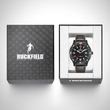 Boîte coffret Montre Homme Ruckfield Sport Boîtier Acier Bracelet Cuir Noir et marron Cadran Noir