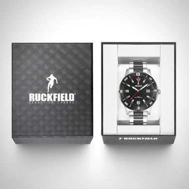 Boîte coffret Montre Homme Ruckfield Sport Boîtier Acier Bracelet Acier Noir et blanc Cadran Noir