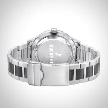 Face Portée Montre Homme Ruckfield Sport Boîtier Acier Bracelet Acier Noir et blanc Cadran Bleu marine