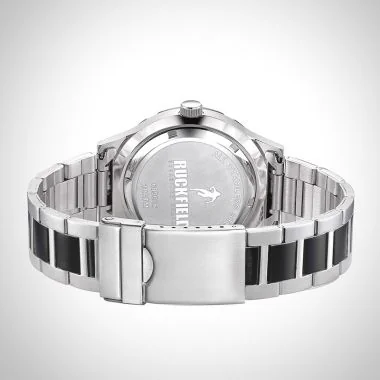 Face Portée Montre Homme Ruckfield Sport Boîtier Acier Bracelet Acier Noir et blanc Cadran Argent