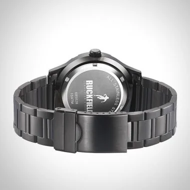 Face Portée Montre Homme Ruckfield Sport Boîtier Acier Bracelet Acier Noir Cadran Noir