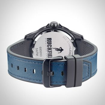 Arrière Montre Homme Ruckfield Sport Boîtier Acier Bracelet Cuir Bleu marine Cadran Noir Boucle Ardillon