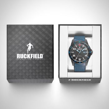 Boîte coffret Montre Homme Ruckfield Sport Boîtier Acier Bracelet Cuir Bleu marine Cadran Noir