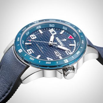 Profil Couronne Montre Homme Ruckfield Sport Boîtier Acier Bracelet Cuir Bleu marine Cadran Bleu marine