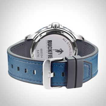 Arrière Montre Homme Ruckfield Sport Boîtier Acier Bracelet Cuir Bleu marine Cadran Bleu marine Boucle Ardillon