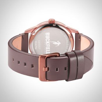 Arrière Montre Homme Ruckfield Sport Boîtier Acier Bracelet Cuir Marron Cadran Noir Boucle Ardillon