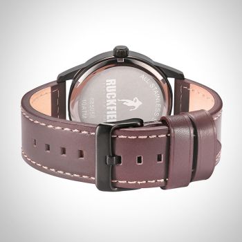 Arrière Montre Homme Ruckfield Sport Boîtier Acier Bracelet Cuir Marron Cadran Noir Boucle Ardillon