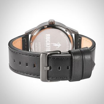 Arrière Montre Homme Ruckfield Sport Boîtier Acier Bracelet Cuir Noir Cadran Noir Boucle Ardillon