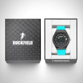 Boîte coffret Montre Homme Ruckfield Sport Boîtier Résine Bracelet Silicone Bleu clair Cadran Noir