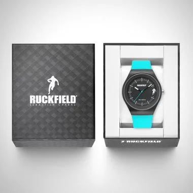 Boîte coffret Montre Homme Ruckfield Sport Boîtier Résine Bracelet Silicone Bleu clair Cadran Noir