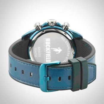 Arrière Montre Homme Ruckfield Sport Boîtier Acier Bracelet Cuir Bleu marine et noir Cadran Blanc Boucle Ardillon