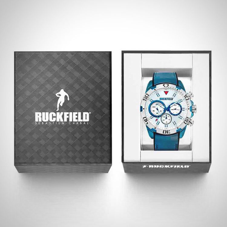 Boîte coffret Montre Homme Ruckfield Sport Boîtier Acier Bracelet Cuir Bleu marine et noir Cadran Blanc