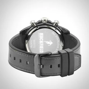 Arrière Montre Homme Ruckfield Sport Boîtier Acier Bracelet Cuir Noir Cadran Noir Boucle Ardillon