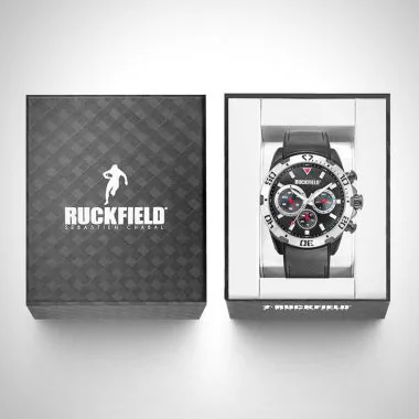 Boîte coffret Montre Homme Ruckfield Sport Boîtier Acier Bracelet Cuir Noir Cadran Noir