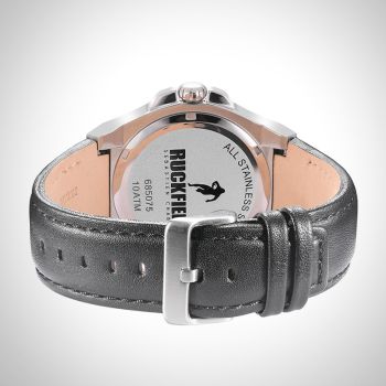 Arrière Montre Homme Ruckfield Sport Boîtier Acier Bracelet Cuir Noir Cadran Noir Boucle Ardillon