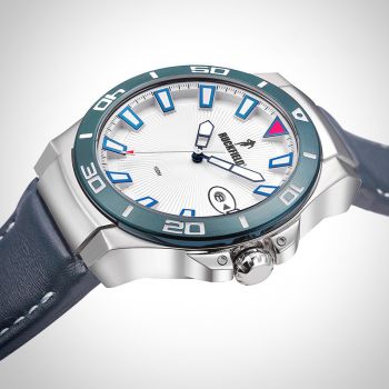 Profil Couronne Montre Homme Ruckfield Sport Boîtier Acier Bracelet Cuir Bleu marine Cadran Argent