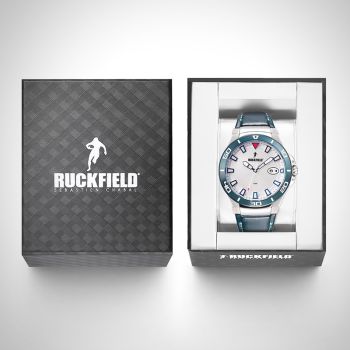 Boîte coffret Montre Homme Ruckfield Sport Boîtier Acier Bracelet Cuir Bleu marine Cadran Argent