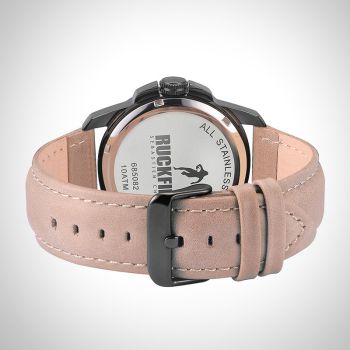 Arrière Montre Homme Ruckfield Sport Boîtier Acier Bracelet Cuir Marron Cadran Noir Boucle Ardillon