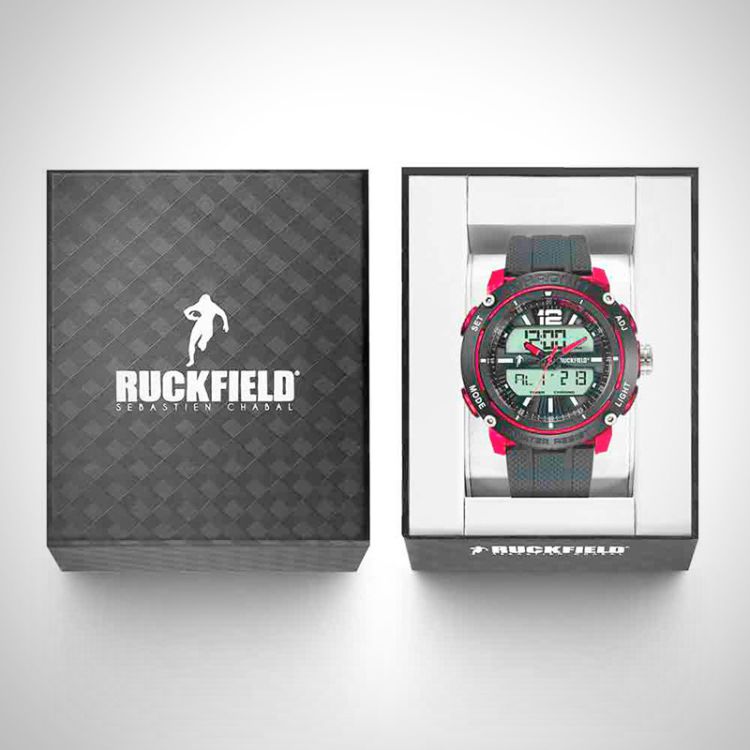 Boîte coffret Montre Homme Ruckfield Sport Boîtier Résine Bracelet Silicone Noir Cadran LCD
