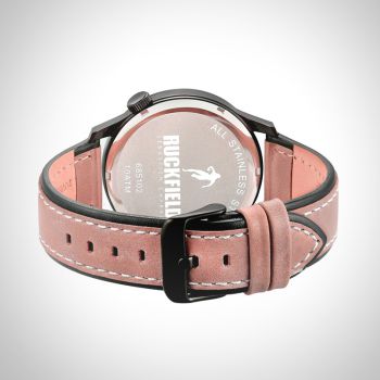 Arrière Montre Homme Ruckfield Sport Boîtier Acier Bracelet Cuir Marron Cadran Noir