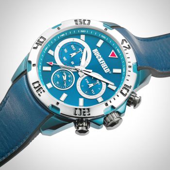 Profil Couronne Montre Homme Ruckfield Sport Boîtier Acier Bracelet Cuir Bleu marine Cadran Bleu marine