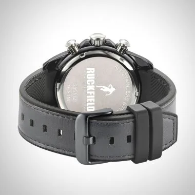 Arrière Montre Homme Ruckfield Sport Boîtier Acier Bracelet Cuir Noir Cadran Blanc