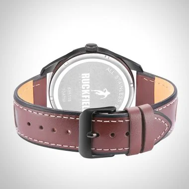 Arrière Montre Homme Ruckfield Sport Boîtier Acier Bracelet Cuir Marron Cadran Noir Boucle Ardillon