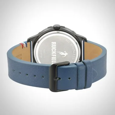 Arrière Montre Homme Ruckfield Sport Boîtier Acier Bracelet Cuir Bleu marine Cadran Bleu marine