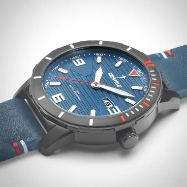 Profil Montre Homme Ruckfield Sport Boîtier Acier Bracelet Cuir Bleu marine Cadran Bleu marine