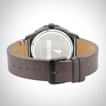 Arrière Montre Homme Ruckfield Sport Boîtier Acier Bracelet Cuir Marron Cadran Noir