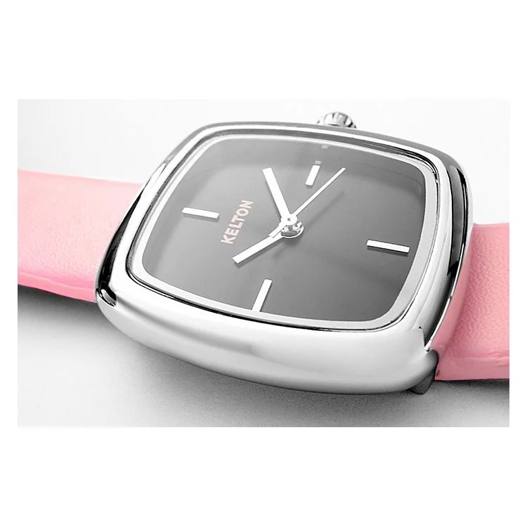 montre kelton pour femme avec un bracelet rose et cadran noir à quartz