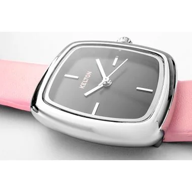 montre kelton pour femme avec un bracelet rose et cadran noir à quartz